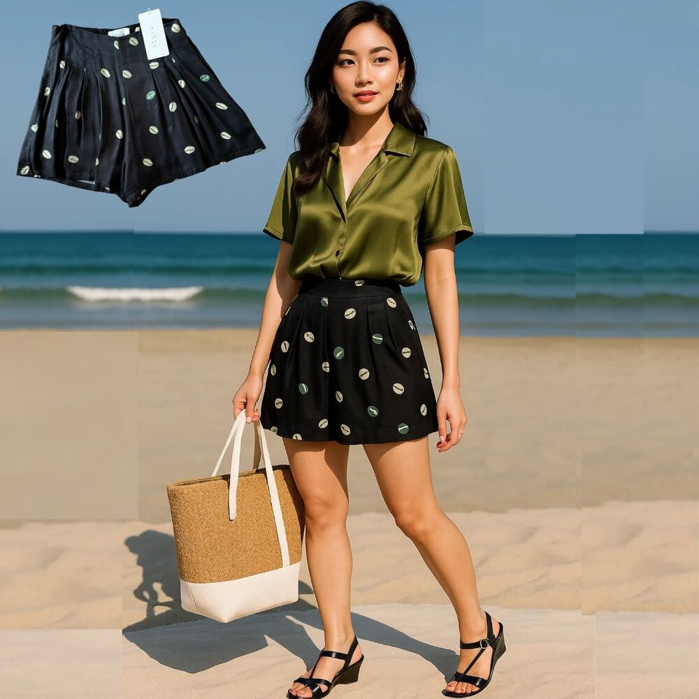 Azulu Brisa Shorts Size Small Black Coffee Bean Print NWT Luxury Resortwear